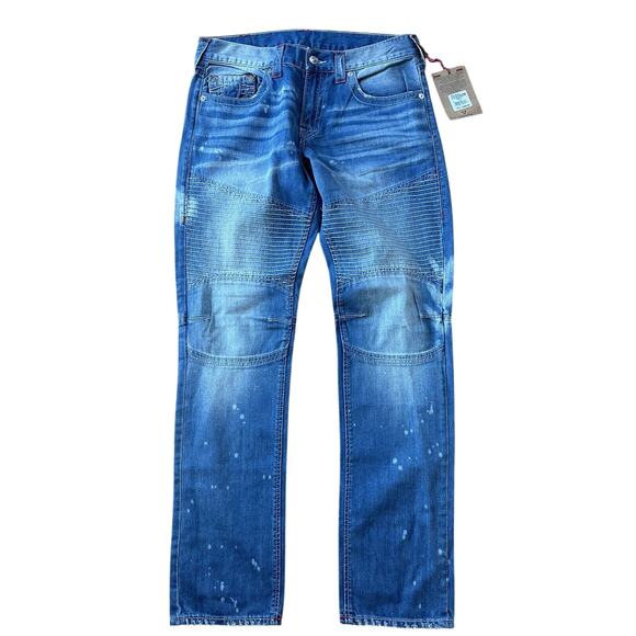 True Religion Men's Rocco Slim Skinny Moto Blue Wash Jeans Size 34